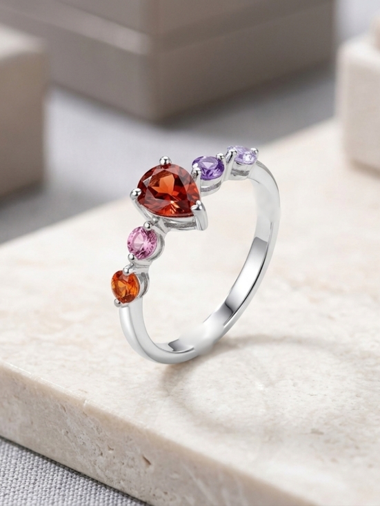 Jewelry - Elegant NWT Silver Tone Pear-Cut Red Gemstone Ring with CZ Accents, Size 9.5